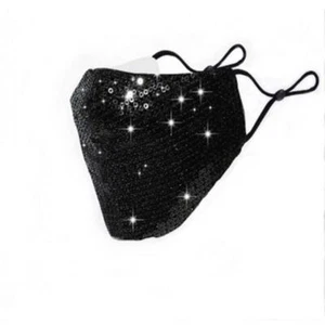 BLACK SEQUIN SPARKLY FASHION FACE MASK LADIES REUSABLE FACE COVERING - Picture 1 of 1
