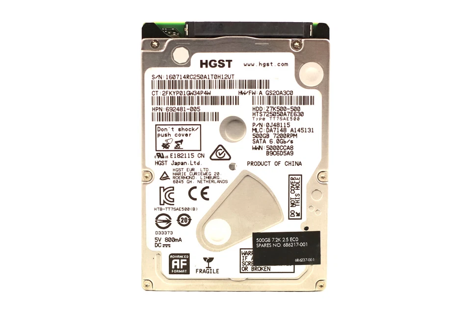 HP HTS725050A7E630 500GB 2.5" 3Gb/s 7.2K RPM SATA II HDD P/N: 686217-001 Tested - Image 1 of 3