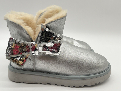 Nuovo stivaletto UGG PURE BOWN con paillettes da donna taglia 6 in argento metallizzato *