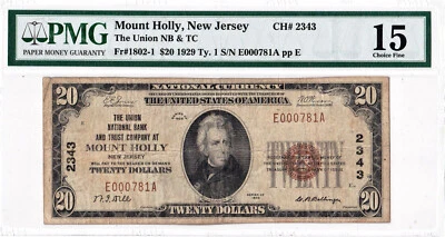 $20 1929 T1 National MOUNT HOLLY New Jersey NJ ((PMG 15 Choice Fine!)) - Image 1 of 2