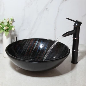 Tempered Glass Bathroom Vanity Basin Bowl Vessel Sinks Waterfall Faucet Drain - Picture 1 of 8
