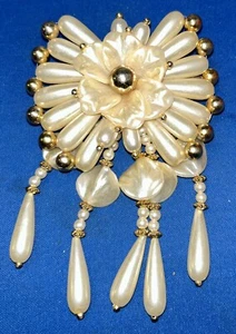 Vintage Faux Pearl Hair Clip Barrette Flowers Dangle Fringe - Picture 1 of 9