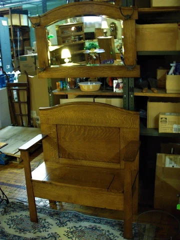 Antique Oak Hall Bench matching mirror w/Hooks 1900's refinished mission style Cover