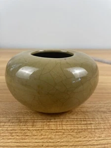 Antique Japanese Art Pottery Brown Crazed Brush Pot 2"X4" Tall Signed On Bottom - Picture 1 of 5