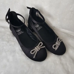 Vince Camuto Black Dress Shoe Girls Youth Size 2 Ankle Strap Silver Bows Heel - Picture 1 of 10