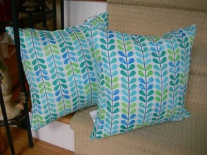 Pr Beige Indoor/Outdoor Throw Pillows Greens/Blues Patio or Deck Chair - Picture 1 of 6
