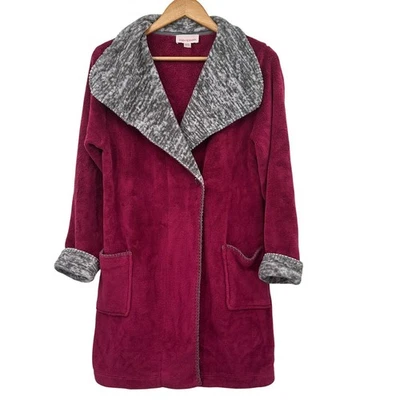Stan Herman Wrap Front Robe Womens Medium Dark Pink Gray Fleece Pockets - Image 1 of 4