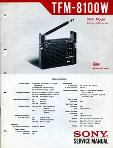 Sony TFM-8100W FM/ AM/ VHF WB Portable Radio Service Manual SN 43001 and later - Picture 1 of 3