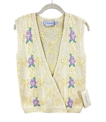 Chaleco Suéter Abuela Vintage Talla M Amarillo Mantequilla Floral Envoltura Frontal J Christopher Foto 1 de 4