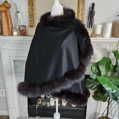 Винтажный 80-х черный мех отделки плащ один размер старые деньги наследия роскошь - Изображение 1 из 4