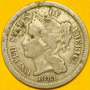 1881 U.S. 3-CENT THREE CENT NICKEL 3c COIN - Picture 1 of 2