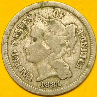 1881 U.S. 3-CENT THREE CENT NICKEL 3c COIN - Image 1 of 2