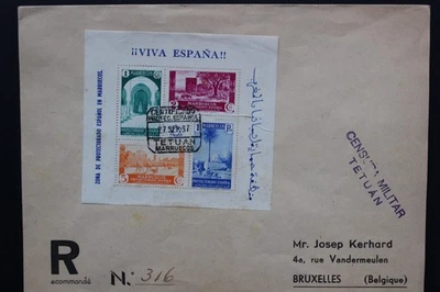 1937 SCW GUERRA CIVIL ESPAÑOLA CUBIERTA CENSURADA + BLOQUE PATRIÓTICO TETUÁN A BELGIA Foto 1 de 2
