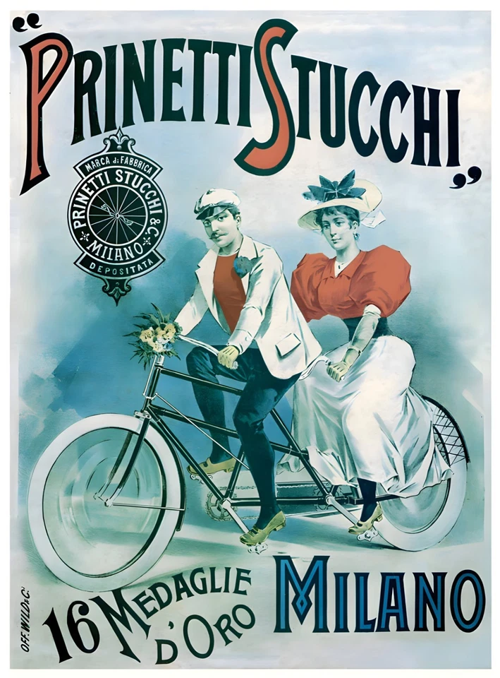 16514.Wall Decor Poster.Interior Art.Prinetti Stucchi Tandem Cycling Ad Couple - Image 1 of 1