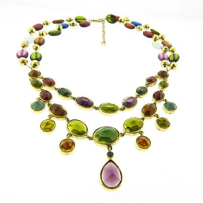 Multicolor Crystal Acrylic Necklace Purple Green Double Strand 1.75 x 16-18 inch - Image 1 of 4