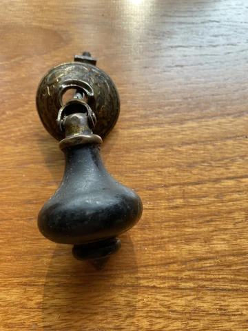 Antique Victorian Eastlake Teardrop Drawer Pull Drop Knob Handle Wood & Brass Cover