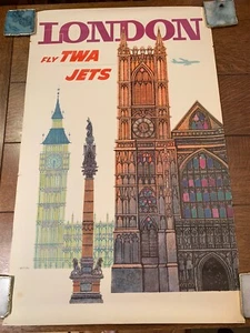 TWA Airlines Original Vintage Travel Poster London 25 x 40 David Klein - Picture 1 of 6