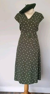 Vintage 1940s 1950s style Olive Green polka dot tea day dress UK 18 EU 46 US 14 - Picture 1 of 6