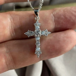 2Ct Round Cut Lab Created Diamond Cross Christmas Pendant 14K White Gold Plated - Picture 1 of 6