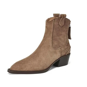 Cow Suede Women Western Boots Mid Block Heels Back Zipper Pointed Toe Ankle Boot - Picture 1 of 12