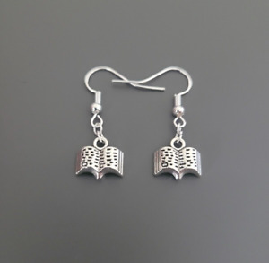 925 Sterling Silver Hook Book Charm Earrings Dangle Drop Gift Jewellery Reading