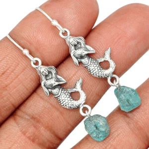 Mermaid - Natural Aquamarine Rough - Brazil 925 Silver Earrings Jewelry CE30372 - Picture 1 of 1