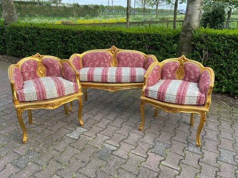 French Style Sofa Set in Damask Red Stripes-3 Pieces Cover