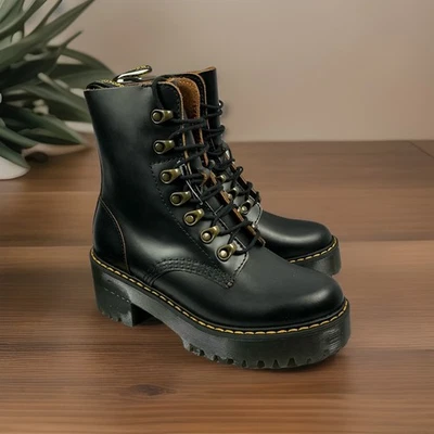 Bota de cuero con plataforma Dr. Doc Martens Leona negra nueva para mujer EE. UU. 5 gruesa con cordones Foto 1 de 4