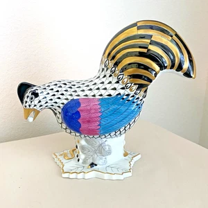 Herend Black Fishnet Porcelain Rooster with Pearl Figurine 5016 - Picture 1 of 11
