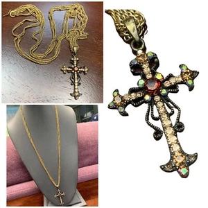 VINTAGE Crown TRIFARI 48” Doubled Up Chain Crystal Cross Pendant Gold Time - Picture 1 of 11