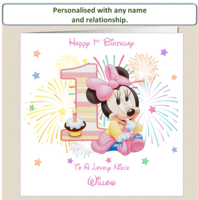 Personalised 1st Birthday Card Minnie Mouse Daughter Granddaughter Niece Sister - Image 1 of 4