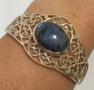 Sterling Silver Moonstone Filigree Artisan Bali India Cuff Bangle 925 Bracelet 7 - Picture 1 of 12