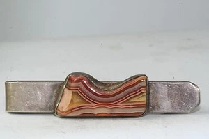 VINTAGE MCM MID CENTURY MODERNIST STERLING SILVER BANDED AGATE TIE BAR CLIP - Picture 1 of 2