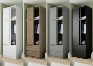 Tall Wardrobe with Sliding Doors Bedroom Storage Closet Hanging Rail and Drawers - Picture 1 of 15