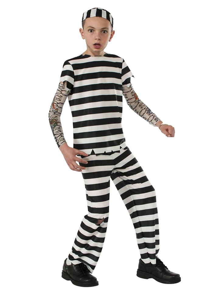 Boys Convict Prisoner Halloween Costume Shirt Pants Hat and Tattoo Sleeves - Image 1 of 1