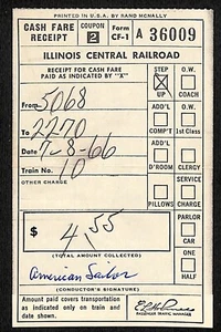 Illinois Central Railroad 1966 "American Sailor" Receipt / Ticket Bloomquist* - Picture 1 of 2
