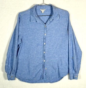 Top camicia Orvis lino con bottoni maniche lunghe a linguetta a rotolo - donna large - blu - Foto 1 di 6