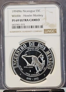 1994 NICARAGUA SILVER 5 CORDOBAS S5C HOWLER MONKEY NGC PF 69 ULTRA CAMEO TOP POP - Picture 1 of 3