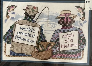 Vtg Dimensions The Greatest Catch Fishing Love Stamped Cross Stitch Kit 6677 5x7 - Picture 1 of 3