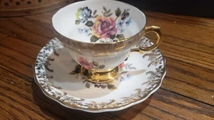 Queens Rosina Bone China Pink/Yellow/Blue Floral w/Gold Teacup & Saucer - Picture 1 of 8