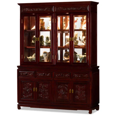 US Seller - Dark Cherry Elmwood Dragon Oriental China Cabinet - Image 1 of 4