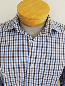 Pronto Uomo Large bügelfrei blau weiß braun kariertes Hemd Langarm Knopfleiste - Bild 1 von 12