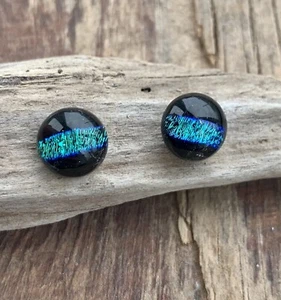 Sterling Silver Small Dichroic Glass Studs Handmade Cornwall Turquoise Midnight - Picture 1 of 6