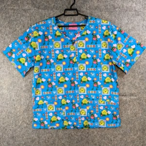 Hub A Dub Scrubs Top Women Extra Large Blue Green Pink Frogs Flowers Hearts Sun - Picture 1 of 12