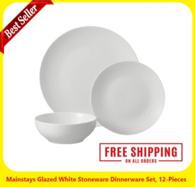 Juego de vajilla de gres blanco esmaltado Mainstays, 12 piezas Foto 1 de 4