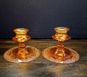 1930's VTG Fostoria Amber Depression Glass Footed Candle Stick Holders Set Of 2 - Picture 1 of 11