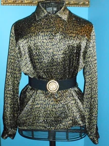 USA 10 Silk Satin Blouse Art Nouveau Silver Bronze Long Sleeve Black - Picture 1 of 9