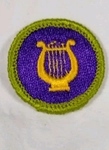 Boys Scouts Music Merit Badge Embroidered Patch 1970s Golden Harp Purple Round  - Picture 1 of 3