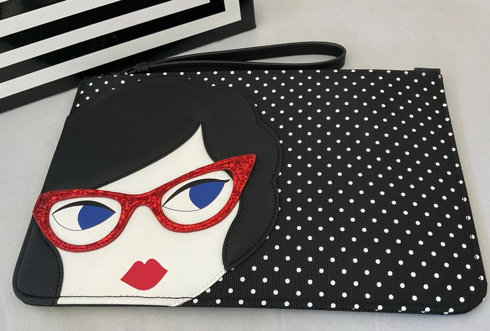 CARA DE MUÑECA LULU GUINNESS con gafas rojas Bolso sin asas mediano Muñequera negra Nueva con caja Foto 1 de 4