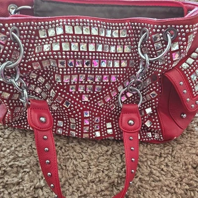 Montana West Tooled Rojo Vegano Cuero Cartera Estrás Estilo Occidental Brillante NUEVO Foto 1 de 4